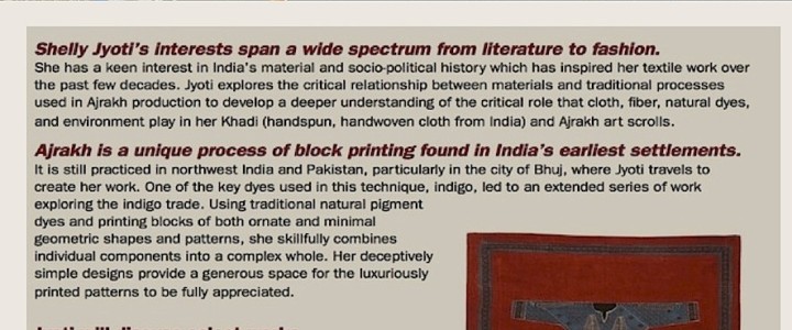 An Artist Talk “INDIGO, SALT, AND KHADI: Textile Art as an Expression of National Identity’ BY SHELLY JYOTI at PALO ALTO ART CENTER, CALIFORNIA, AUGUST 31, 7.00PM